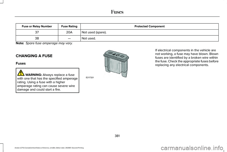 LINCOLN AVIATOR 2021 User Guide Protected Component
Fuse Rating
Fuse or Relay Number
Not used (spare).
20A
37
Not used.
—
38
Note: Spare fuse amperage may vary.
CHANGING A FUSE
Fuses WARNING: Always replace a fuse
with one that h LINCOLN AVIATOR 2021 User Guide Protected Component
Fuse Rating
Fuse or Relay Number
Not used (spare).
20A
37
Not used.
—
38
Note: Spare fuse amperage may vary.
CHANGING A FUSE
Fuses WARNING: Always replace a fuse
with one that h