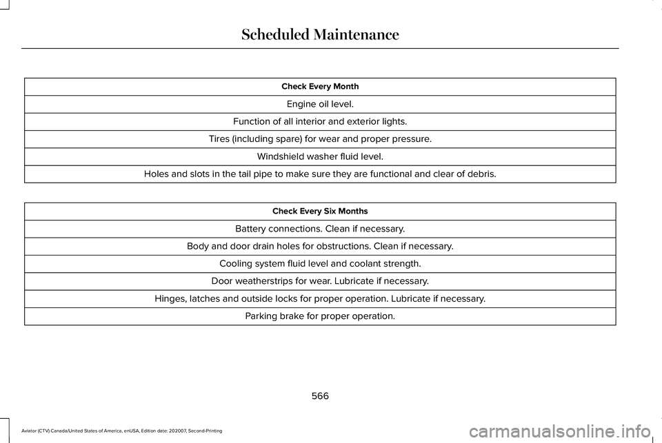 LINCOLN AVIATOR 2021 Service Manual Check Every Month
Engine oil level.
Function of all interior and exterior lights.
Tires (including spare) for wear and proper pressure. Windshield washer fluid level.
Holes and slots in the tail pipe 