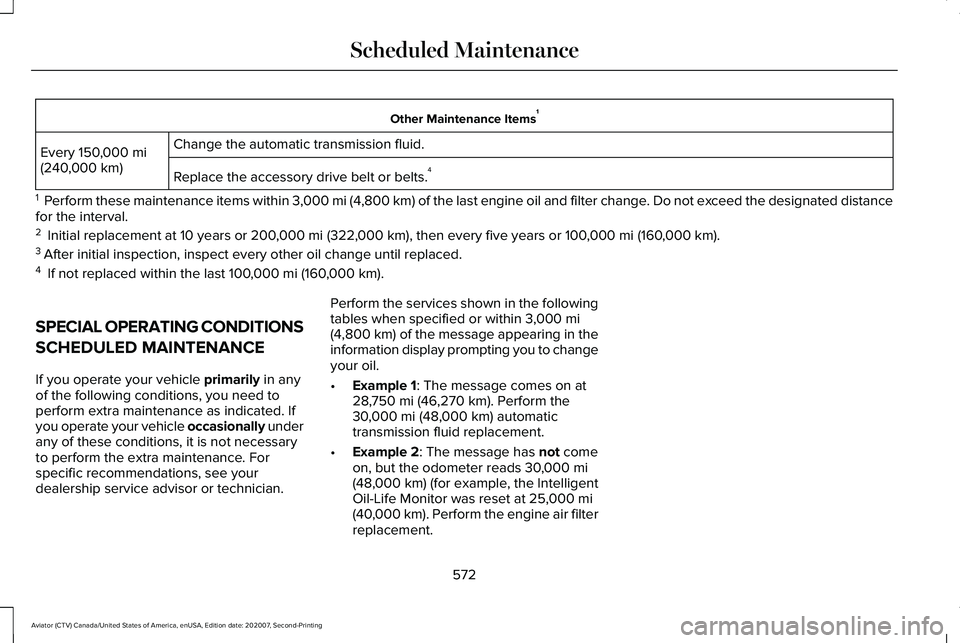 LINCOLN AVIATOR 2021  Owners Manual Other Maintenance Items
1
Change the automatic transmission fluid.
Every 150,000 mi
(240,000 km) Replace the accessory drive belt or belts. 4
1   Perform these maintenance items within 3,000 mi (4,800