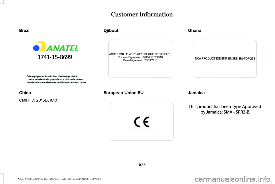 LINCOLN AVIATOR 2021  Owners Manual Brazil
China
CMIIT ID: 2015DJ1610
Djibouti European Union EU Ghana
Jamaica
577
Aviator (CTV) Canada/United States of America, enUSA, Edition date: 202007, Second-Printing Customer InformationE340204  