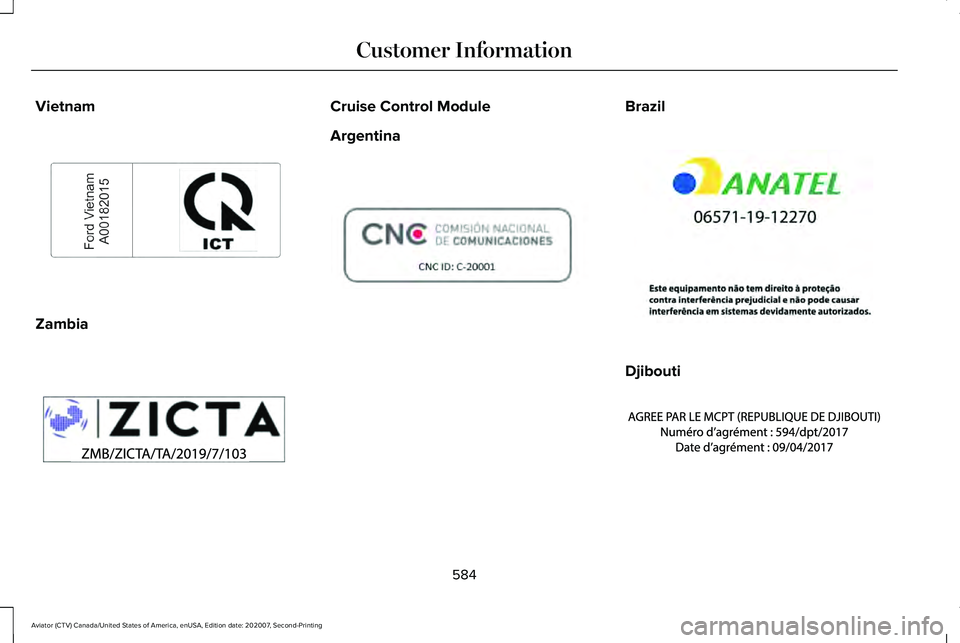 LINCOLN AVIATOR 2021  Owners Manual Vietnam
Zambia Cruise Control Module
Argentina Brazil
Djibouti
584
Aviator (CTV) Canada/United States of America, enUSA, Edition date: 202007, Second-Printing Customer InformationE278262  E340511  E30