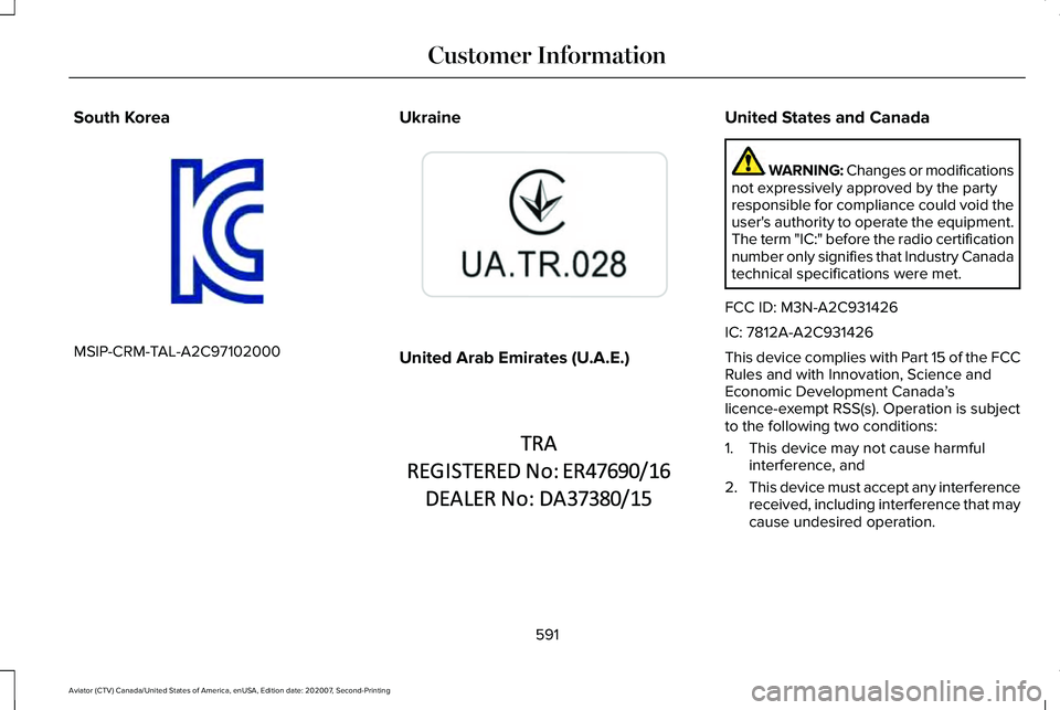 LINCOLN AVIATOR 2021 Manual PDF South Korea
MSIP-CRM-TAL-A2C97102000
Ukraine United Arab Emirates (U.A.E.) United States and Canada
WARNING: Changes or modifications
not expressively approved by the party
responsible for compliance 