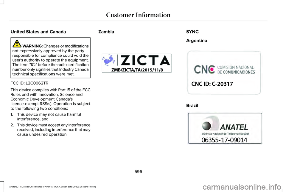 LINCOLN AVIATOR 2021 Manual PDF United States and Canada
WARNING: Changes or modifications
not expressively approved by the party
responsible for compliance could void the
user's authority to operate the equipment.
The term "