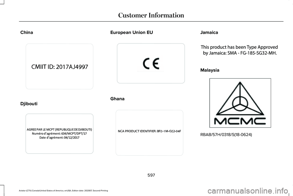 LINCOLN AVIATOR 2021  Owners Manual China
Djibouti European Union EU
Ghana Jamaica
Malaysia
RBAB/57H/0318/S(18-0624)
597
Aviator (CTV) Canada/United States of America, enUSA, Edition date: 202007, Second-Printing Customer InformationE34