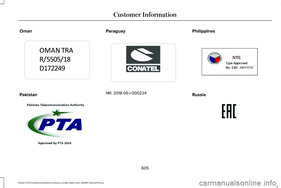 LINCOLN AVIATOR 2021  Owners Manual Oman
Pakistan Paraguay
NR: 2018-06-I-000224
Philippines Russia
605
Aviator (CTV) Canada/United States of America, enUSA, Edition date: 202007, Second-Printing Customer InformationE341834  E337974  E33