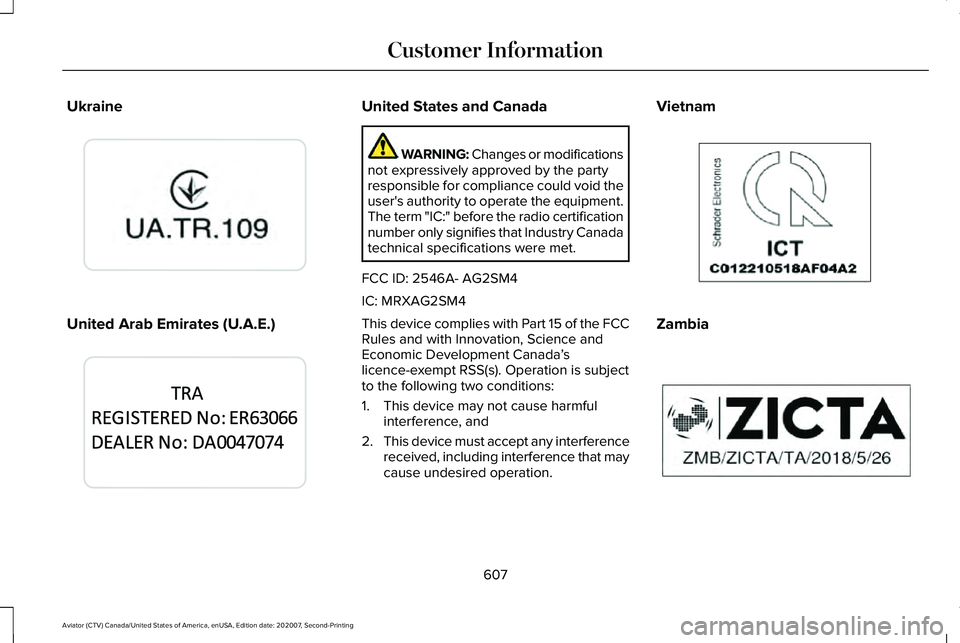 LINCOLN AVIATOR 2021 Manual Online Ukraine
United Arab Emirates (U.A.E.) United States and Canada
WARNING: Changes or modifications
not expressively approved by the party
responsible for compliance could void the
user's authority t