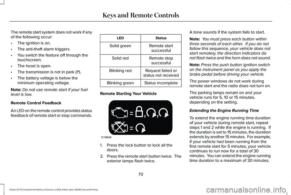 LINCOLN AVIATOR 2021  Owners Manual The remote start system does not work if any
of the following occur:
•
The ignition is on.
• The anti-theft alarm triggers.
• You switch the feature off through the
touchscreen.
• The hood is 