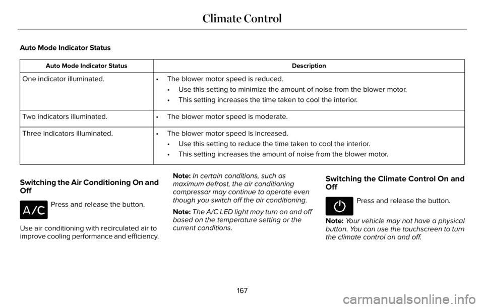LINCOLN AVIATOR 2023 Owners Manual Auto Mode Indicator Status
Description Auto Mode Indicator Status
One indicator illuminated. • The blower motor speed is reduced.
• Use this setting to minimize the amount of noise from the blower LINCOLN AVIATOR 2023 Owners Manual Auto Mode Indicator Status
Description Auto Mode Indicator Status
One indicator illuminated. • The blower motor speed is reduced.
• Use this setting to minimize the amount of noise from the blower
