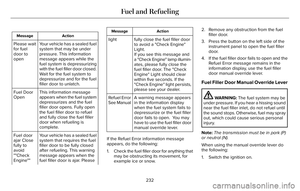 LINCOLN AVIATOR 2023 Owners Manual Action Message
Your vehicle has a sealed fuel
system that may be under
pressure. This information
message appears while the
fuel system is depressurizing
with the fuel filler door closed.
Wait for the LINCOLN AVIATOR 2023 Owners Manual Action Message
Your vehicle has a sealed fuel
system that may be under
pressure. This information
message appears while the
fuel system is depressurizing
with the fuel filler door closed.
Wait for the