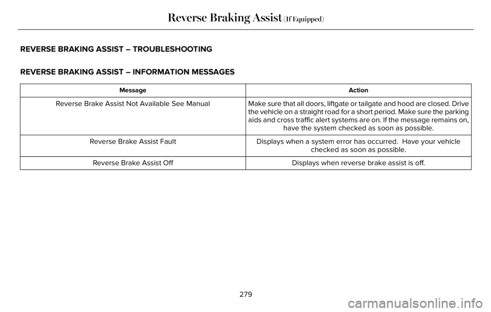 LINCOLN AVIATOR 2023 Manual Online REVERSE BRAKING ASSIST – TROUBLESHOOTING
REVERSE BRAKING ASSIST – INFORMATION MESSAGES
Action Message
Make sure that all doors, liftgate or tailgate and hood are closed. Drive
the vehicle on a str LINCOLN AVIATOR 2023 Manual Online REVERSE BRAKING ASSIST – TROUBLESHOOTING
REVERSE BRAKING ASSIST – INFORMATION MESSAGES
Action Message
Make sure that all doors, liftgate or tailgate and hood are closed. Drive
the vehicle on a str