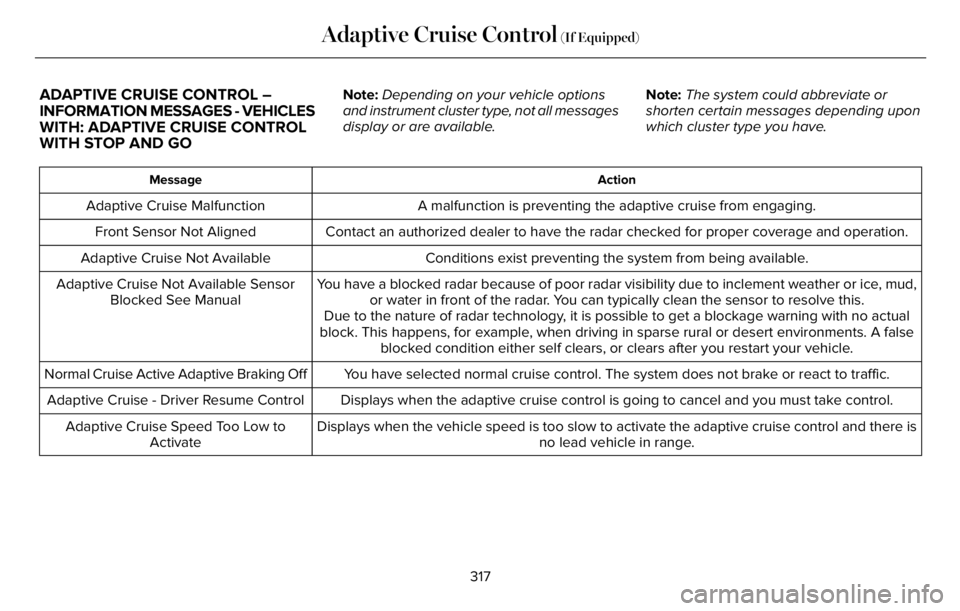 LINCOLN AVIATOR 2023 Service Manual ADAPTIVE CRUISE CONTROL –
INFORMATION MESSAGES - VEHICLES
WITH: ADAPTIVE CRUISE CONTROL
WITH STOP AND GONote:Depending on your vehicle options
and instrument cluster type, not all messages
display o LINCOLN AVIATOR 2023 Service Manual ADAPTIVE CRUISE CONTROL –
INFORMATION MESSAGES - VEHICLES
WITH: ADAPTIVE CRUISE CONTROL
WITH STOP AND GONote:Depending on your vehicle options
and instrument cluster type, not all messages
display o