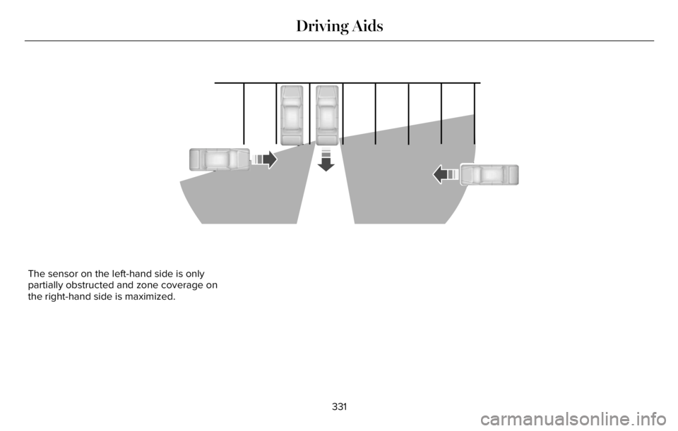 LINCOLN AVIATOR 2023 Workshop Manual E142440
The sensor on the left-hand side is only
partially obstructed and zone coverage on
the right-hand side is maximized.
331
Driving Aids LINCOLN AVIATOR 2023 Workshop Manual E142440
The sensor on the left-hand side is only
partially obstructed and zone coverage on
the right-hand side is maximized.
331
Driving Aids