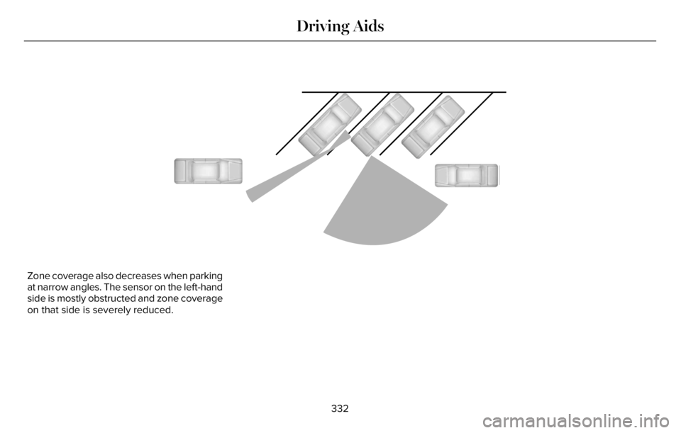 LINCOLN AVIATOR 2023 Workshop Manual E142441
Zone coverage also decreases when parking
at narrow angles. The sensor on the left-hand
side is mostly obstructed and zone coverage
on that side is severely reduced.
332
Driving Aids LINCOLN AVIATOR 2023 Workshop Manual E142441
Zone coverage also decreases when parking
at narrow angles. The sensor on the left-hand
side is mostly obstructed and zone coverage
on that side is severely reduced.
332
Driving Aids