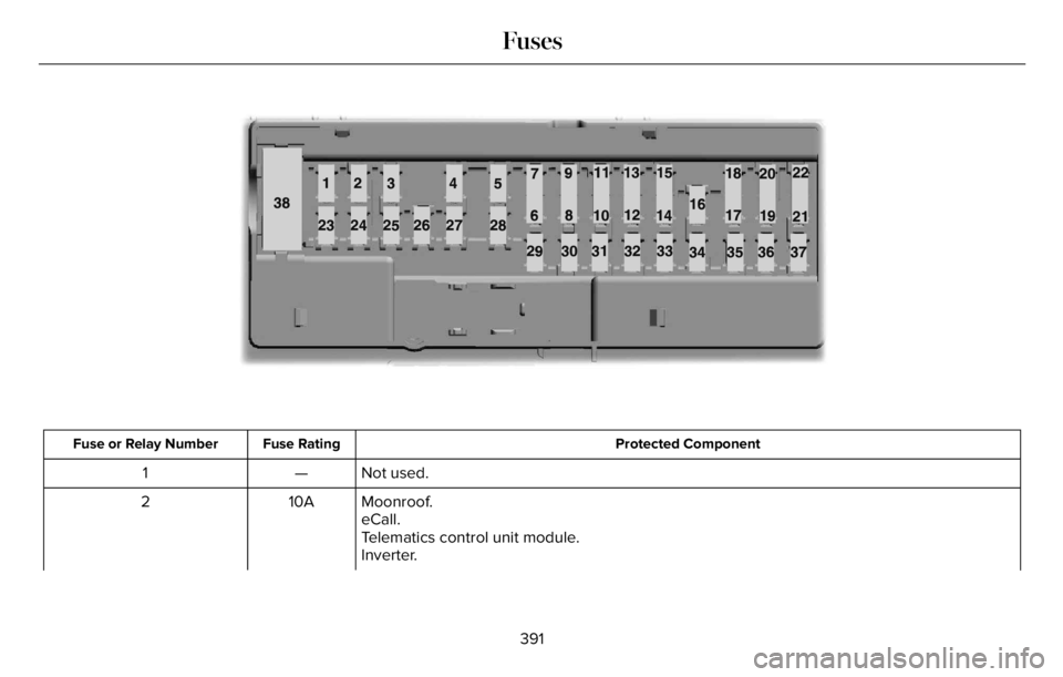 LINCOLN AVIATOR 2023 User Guide 598E145984
Protected Component Fuse Rating Fuse or Relay Number
Not used. — 1
Moonroof. 10A 2
eCall.
Telematics control unit module.
Inverter.
391
Fuses 