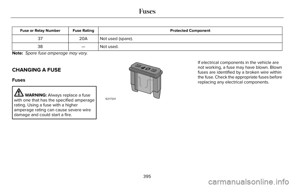 LINCOLN AVIATOR 2023 User Guide Protected Component Fuse Rating Fuse or Relay Number
Not used (spare). 20A 37
Not used. — 38
Note: Spare fuse amperage may vary.
CHANGING A FUSE
Fuses
WARNING: Always replace a fuse
with one that ha