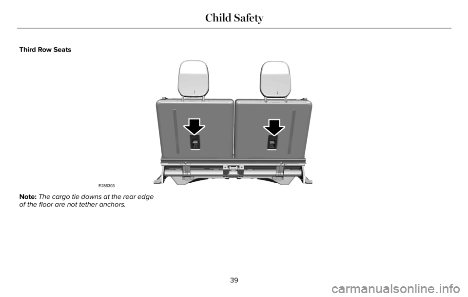 LINCOLN AVIATOR 2023 Service Manual Third Row Seats
E286303
Note:The cargo tie downs at the rear edge
of the floor are not tether anchors.
39
Child Safety 