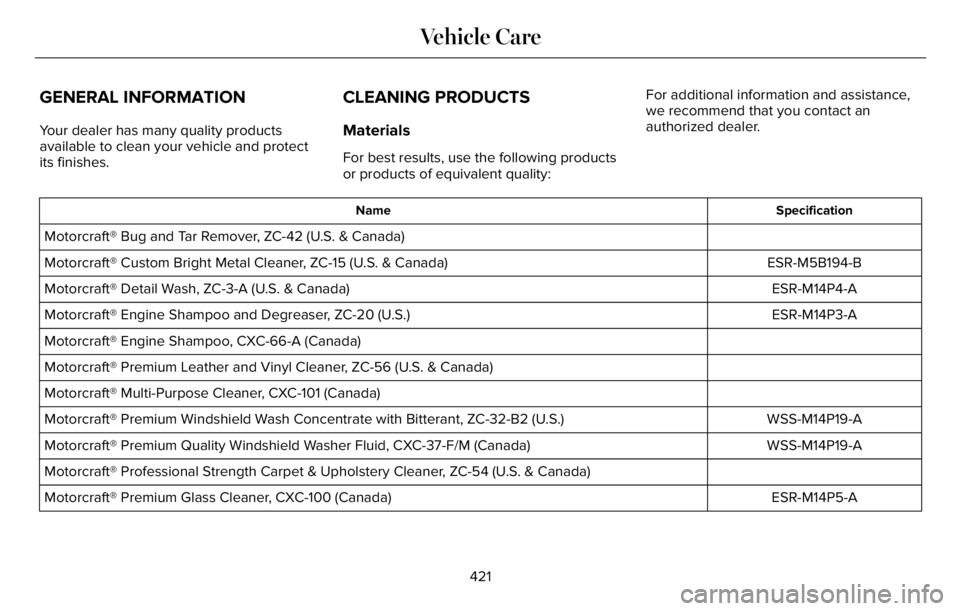 LINCOLN AVIATOR 2023  Owners Manual GENERAL INFORMATION
Your dealer has many quality products
available to clean your vehicle and protect
its finishes.
CLEANING PRODUCTS
Materials
For best results, use the following products
or products