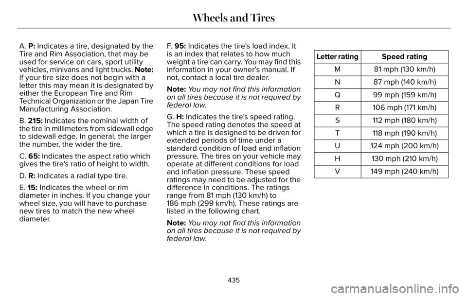 LINCOLN AVIATOR 2023 Owners Manual A. P: Indicates a tire, designated by the
Tire and Rim Association, that may be
used for service on cars, sport utility
vehicles, minivans and light trucks. Note:
If your tire size does not begin with LINCOLN AVIATOR 2023 Owners Manual A. P: Indicates a tire, designated by the
Tire and Rim Association, that may be
used for service on cars, sport utility
vehicles, minivans and light trucks. Note:
If your tire size does not begin with