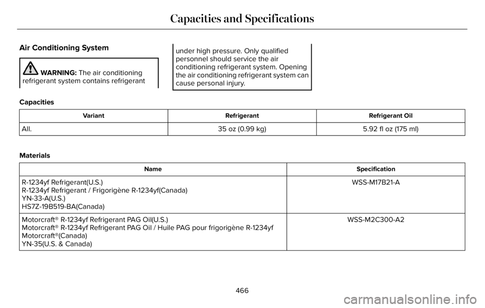 LINCOLN AVIATOR 2023  Owners Manual Air Conditioning System
WARNING: The air conditioning
refrigerant system contains refrigerant
under high pressure. Only qualified
personnel should service the air
conditioning refrigerant system. Open