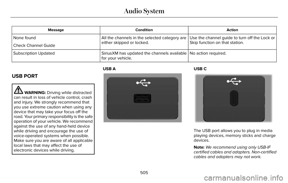 LINCOLN AVIATOR 2023 Repair Manual Action Condition Message
Use the channel guide to turn off the Lock or
Skip function on that station. All the channels in the selected category are
either skipped or locked. None found
Check Channel G LINCOLN AVIATOR 2023 Repair Manual Action Condition Message
Use the channel guide to turn off the Lock or
Skip function on that station. All the channels in the selected category are
either skipped or locked. None found
Check Channel G