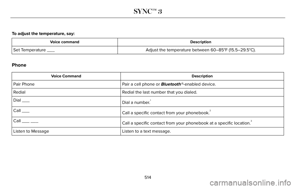 LINCOLN AVIATOR 2023 Owners Manual To adjust the temperature, say:
Description Voice command
Adjust the temperature between 60–85°F (15.5–29.5°C). Set Temperature ___
Phone
Description Voice Command
Pair a cell phone or Bluetooth LINCOLN AVIATOR 2023 Owners Manual To adjust the temperature, say:
Description Voice command
Adjust the temperature between 60–85°F (15.5–29.5°C). Set Temperature ___
Phone
Description Voice Command
Pair a cell phone or Bluetooth
