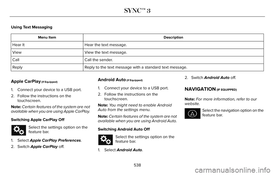 LINCOLN AVIATOR 2023 Owners Manual Using Text Messaging
Description Menu Item
Hear the text message. Hear It
View the text message. View
Call the sender. Call
Reply to the text message with a standard text message. Reply
Apple CarPlay LINCOLN AVIATOR 2023 Owners Manual Using Text Messaging
Description Menu Item
Hear the text message. Hear It
View the text message. View
Call the sender. Call
Reply to the text message with a standard text message. Reply
Apple CarPlay