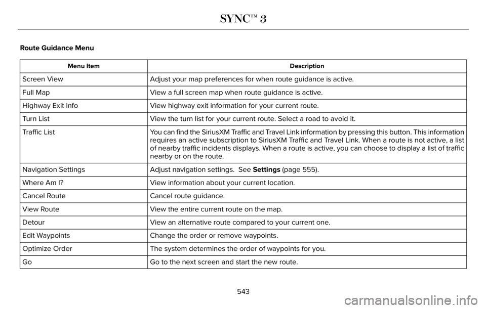 LINCOLN AVIATOR 2023 User Guide Route Guidance Menu
Description Menu Item
Adjust your map preferences for when route guidance is active. Screen View
View a full screen map when route guidance is active. Full Map
View highway exit in LINCOLN AVIATOR 2023 User Guide Route Guidance Menu
Description Menu Item
Adjust your map preferences for when route guidance is active. Screen View
View a full screen map when route guidance is active. Full Map
View highway exit in