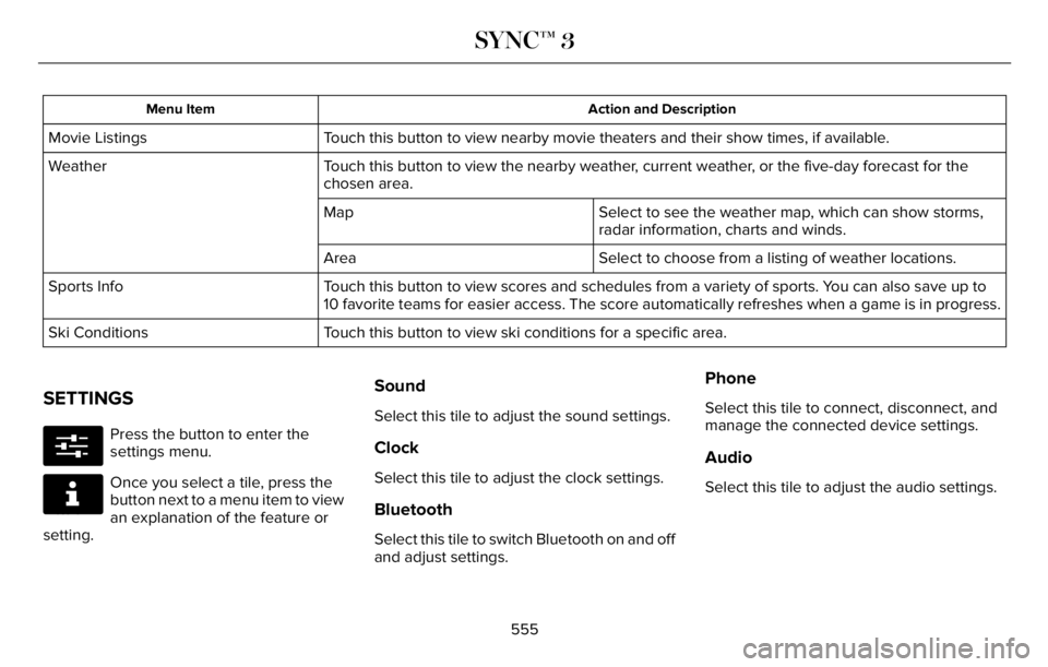 LINCOLN AVIATOR 2023 Owners Manual Action and Description Menu Item
Touch this button to view nearby movie theaters and their show times, if available. Movie Listings
Touch this button to view the nearby weather, current weather, or th LINCOLN AVIATOR 2023 Owners Manual Action and Description Menu Item
Touch this button to view nearby movie theaters and their show times, if available. Movie Listings
Touch this button to view the nearby weather, current weather, or th
