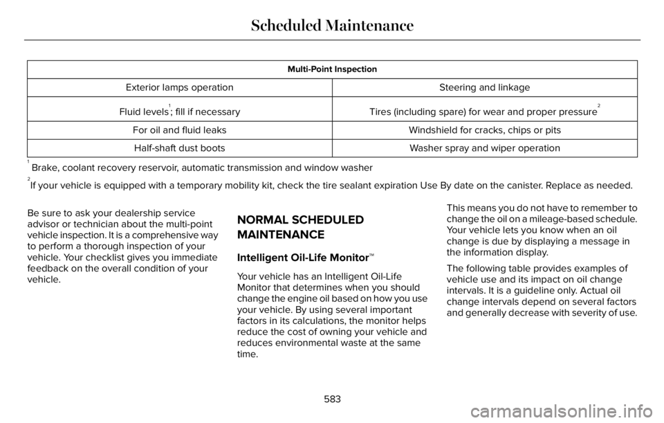 LINCOLN AVIATOR 2023 Owners Manual Multi-Point Inspection
Steering and linkage Exterior lamps operation
Tires (including spare) for wear and proper pressure
2Fluid levels1; fill if necessary
Windshield for cracks, chips or pits For oil LINCOLN AVIATOR 2023 Owners Manual Multi-Point Inspection
Steering and linkage Exterior lamps operation
Tires (including spare) for wear and proper pressure
2Fluid levels1; fill if necessary
Windshield for cracks, chips or pits For oil