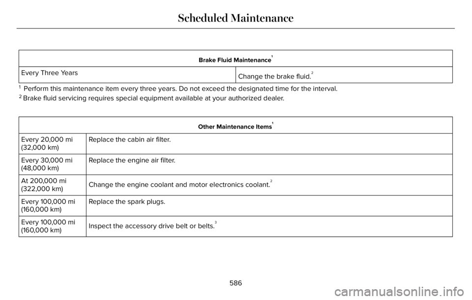 LINCOLN AVIATOR 2023 Owners Manual Brake Fluid Maintenance1
Change the brake fluid.2Every Three Years
1 Perform this maintenance item every three years. Do not exceed the designated time for the interval.2 Brake fluid servicing requir LINCOLN AVIATOR 2023 Owners Manual Brake Fluid Maintenance1
Change the brake fluid.2Every Three Years
1 Perform this maintenance item every three years. Do not exceed the designated time for the interval.2 Brake fluid servicing requir