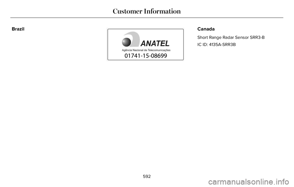 LINCOLN AVIATOR 2023  Owners Manual Brazil
E340204E340204
Canada
Short Range Radar Sensor SRR3-B
IC ID: 4135A-SRR3B
592
Customer Information 