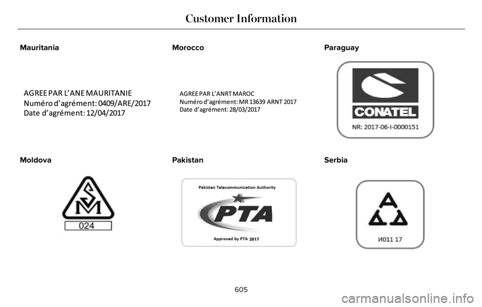 LINCOLN AVIATOR 2023  Owners Manual Mauritania
E340190E340190
Moldova
E337971E337971
Morocco
E340192E340192
Pakistan
E342396E342396
Paraguay
039
Serbia
E308040040
605
Customer Information 