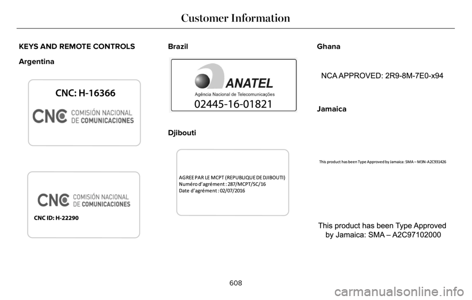 LINCOLN AVIATOR 2023  Owners Manual KEYS AND REMOTE CONTROLS
Argentina
E339844E339844
3036E340316
Brazil
E340121E340121
Djibouti
330E343017
Ghana
E340317303
Jamaica
E340219E340219
E340318
608
Customer Information 