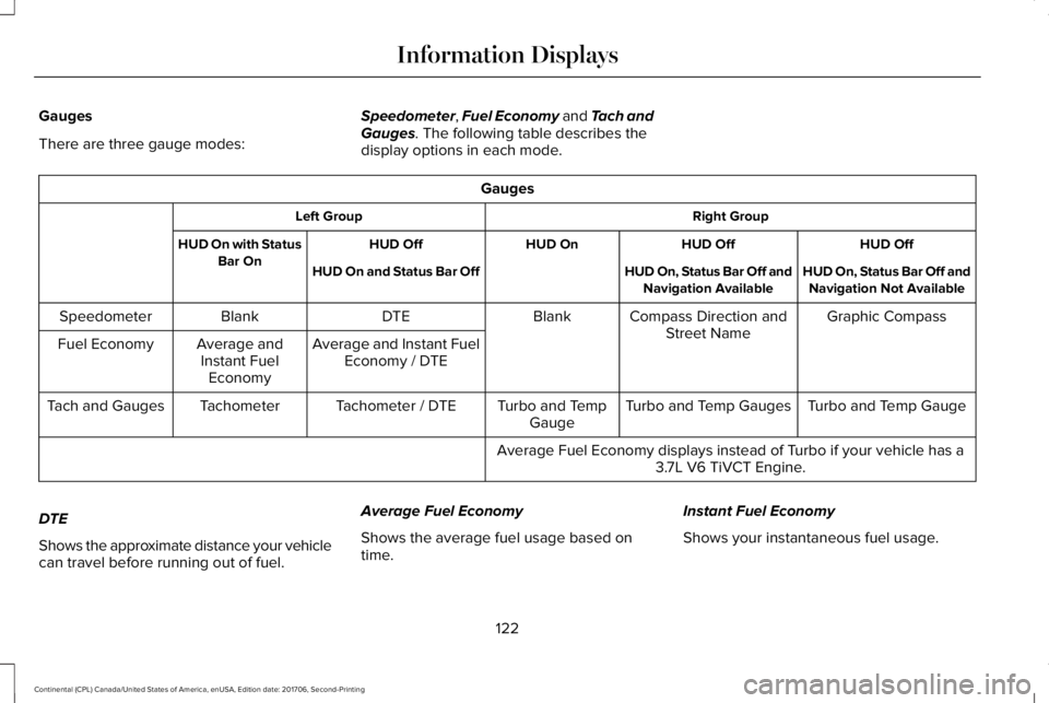 LINCOLN CONTINENTAL 2018  Owners Manual Gauges
There are three gauge modes:
Speedometer, Fuel Economy and Tach andGauges. The following table describes thedisplay options in each mode.
Gauges
Right GroupLeft Group
HUD OffHUD OffHUD OnHUD Of