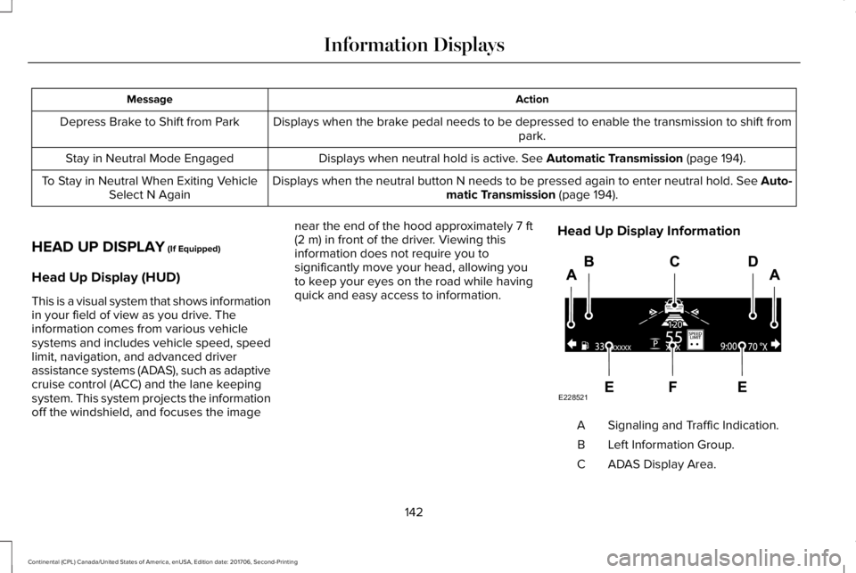 LINCOLN CONTINENTAL 2018 Owners Manual ActionMessage
Displays when the brake pedal needs to be depressed to enable the transmission to shift frompark.Depress Brake to Shift from Park
Displays when neutral hold is active. See Automatic Tran LINCOLN CONTINENTAL 2018 Owners Manual ActionMessage
Displays when the brake pedal needs to be depressed to enable the transmission to shift frompark.Depress Brake to Shift from Park
Displays when neutral hold is active. See Automatic Tran