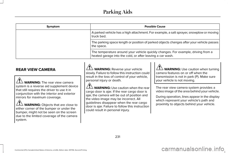 LINCOLN CONTINENTAL 2018 Owners Manual Possible CauseSymptom
A parked vehicle has a high attachment. For example, a salt sprayer, snowplow or movingtruck bed.
The parking space length or position of parked objects changes after your vehicl LINCOLN CONTINENTAL 2018 Owners Manual Possible CauseSymptom
A parked vehicle has a high attachment. For example, a salt sprayer, snowplow or movingtruck bed.
The parking space length or position of parked objects changes after your vehicl