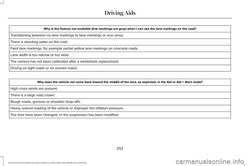 LINCOLN CONTINENTAL 2018 Owners Manual Why is the feature not available (line markings are gray) when I can see the lane markings on the road?
Transitioning between no lane markings to lane markings or vice versa.
There is standing water o LINCOLN CONTINENTAL 2018 Owners Manual Why is the feature not available (line markings are gray) when I can see the lane markings on the road?
Transitioning between no lane markings to lane markings or vice versa.
There is standing water o