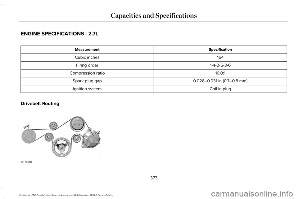 LINCOLN CONTINENTAL 2018  Owners Manual ENGINE SPECIFICATIONS - 2.7L
SpecificationMeasurement
164Cubic inches
1-4-2-5-3-6Firing order
10.0:1Compression ratio
0.028–0.031 in (0.7–0.8 mm)Spark plug gap
Coil in plugIgnition system
Drivebel