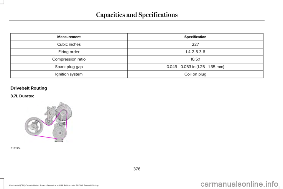 LINCOLN CONTINENTAL 2018  Owners Manual SpecificationMeasurement
227Cubic inches
1-4-2-5-3-6Firing order
10.5:1Compression ratio
0.049 - 0.053 in (1.25 - 1.35 mm)Spark plug gap
Coil on plugIgnition system
Drivebelt Routing
3.7L Duratec
376
