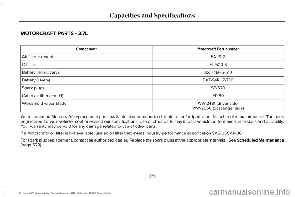 LINCOLN CONTINENTAL 2018 Owners Manual MOTORCRAFT PARTS - 3.7L
Motorcraft Part numberComponent
FA-1912Air filter element.
FL-500-SOil filter.
BXT-48H6-610Battery (non-Livery).
BXT-94RH7-730Battery (Livery).
SP-520Spark plugs.
FP-80Cabin ai LINCOLN CONTINENTAL 2018 Owners Manual MOTORCRAFT PARTS - 3.7L
Motorcraft Part numberComponent
FA-1912Air filter element.
FL-500-SOil filter.
BXT-48H6-610Battery (non-Livery).
BXT-94RH7-730Battery (Livery).
SP-520Spark plugs.
FP-80Cabin ai