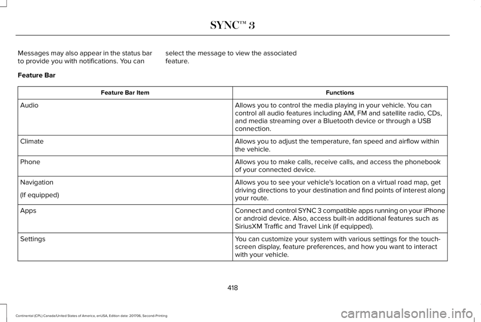 LINCOLN CONTINENTAL 2018  Owners Manual Messages may also appear in the status barto provide you with notifications. You canselect the message to view the associatedfeature.
Feature Bar
FunctionsFeature Bar Item
Allows you to control the me