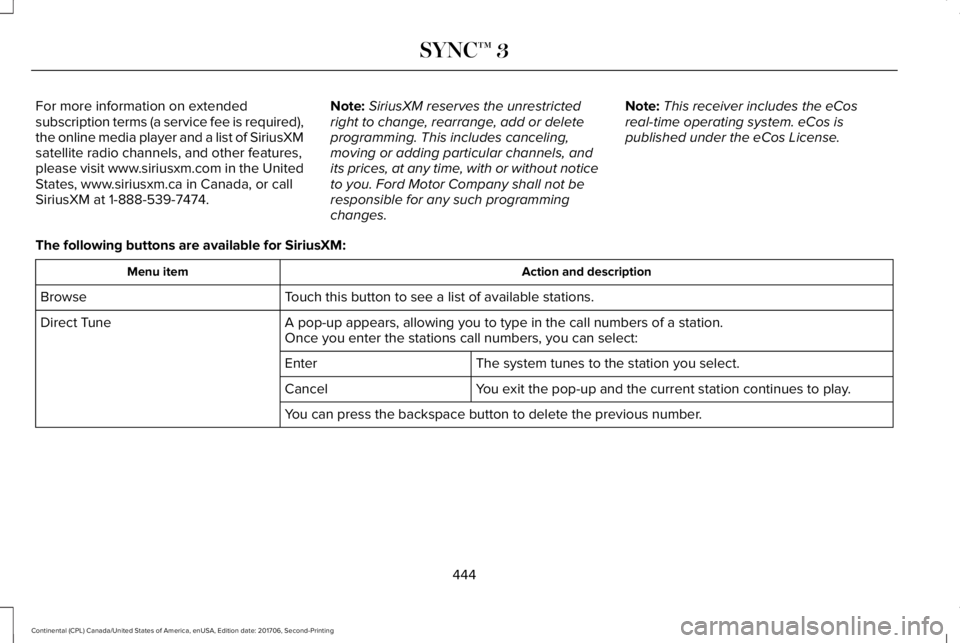 LINCOLN CONTINENTAL 2018  Owners Manual For more information on extendedsubscription terms (a service fee is required),the online media player and a list of SiriusXMsatellite radio channels, and other features,please visit www.siriusxm.com 