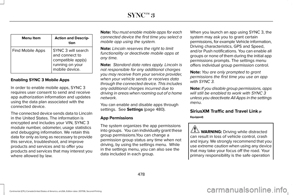 LINCOLN CONTINENTAL 2018 Owners Manual Action and Descrip-tionMenu Item
SYNC 3 will searchand connect tocompatible app(s)running on yourmobile device.
Find Mobile Apps
Enabling SYNC 3 Mobile Apps
In order to enable mobile apps, SYNC 3requi LINCOLN CONTINENTAL 2018 Owners Manual Action and Descrip-tionMenu Item
SYNC 3 will searchand connect tocompatible app(s)running on yourmobile device.
Find Mobile Apps
Enabling SYNC 3 Mobile Apps
In order to enable mobile apps, SYNC 3requi