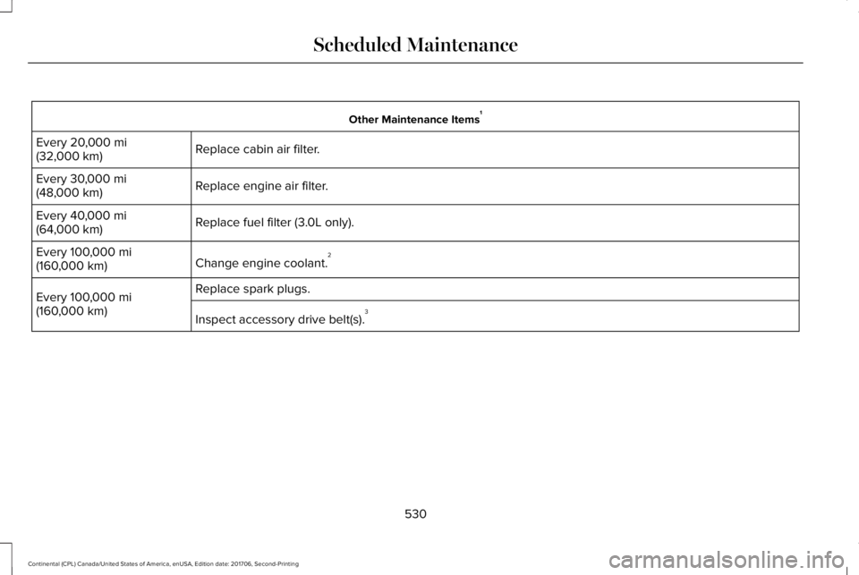 LINCOLN CONTINENTAL 2018 Owners Manual Other Maintenance Items1
Replace cabin air filter.Every 20,000 mi(32,000 km)
Replace engine air filter.Every 30,000 mi(48,000 km)
Replace fuel filter (3.0L only).Every 40,000 mi(64,000 km)
Change engi LINCOLN CONTINENTAL 2018 Owners Manual Other Maintenance Items1
Replace cabin air filter.Every 20,000 mi(32,000 km)
Replace engine air filter.Every 30,000 mi(48,000 km)
Replace fuel filter (3.0L only).Every 40,000 mi(64,000 km)
Change engi