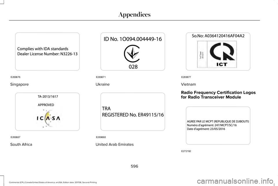 LINCOLN CONTINENTAL 2018 Owners Manual Singapore
South Africa
Ukraine
United Arab Emirates
Vietnam
Radio Frequency Certification Logosfor Radio Transceiver Module
596
Continental (CPL) Canada/United States of America, enUSA, Edition date: LINCOLN CONTINENTAL 2018 Owners Manual Singapore
South Africa
Ukraine
United Arab Emirates
Vietnam
Radio Frequency Certification Logosfor Radio Transceiver Module
596
Continental (CPL) Canada/United States of America, enUSA, Edition date: