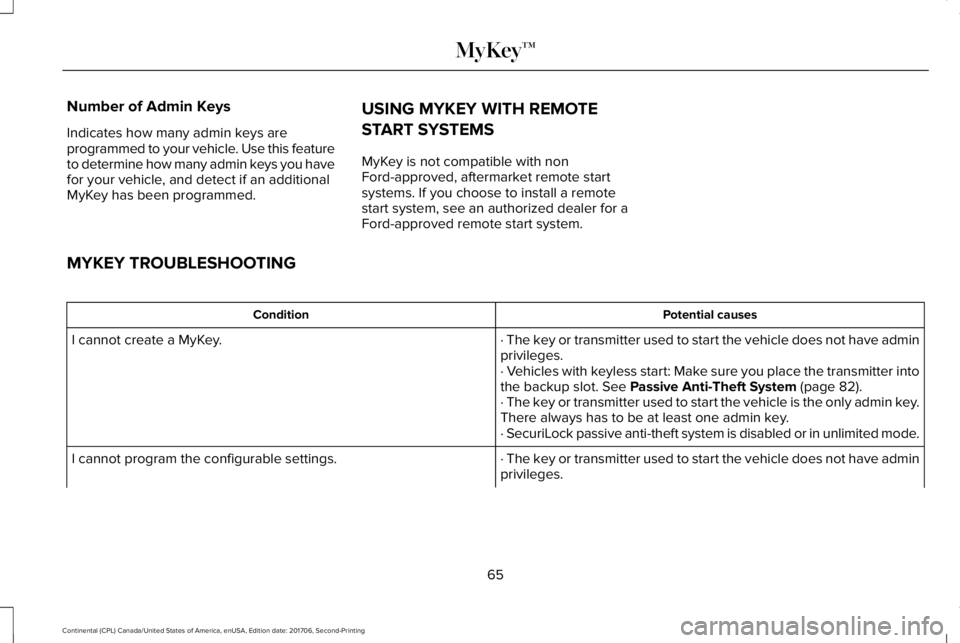 LINCOLN CONTINENTAL 2018 Repair Manual Number of Admin Keys
Indicates how many admin keys areprogrammed to your vehicle. Use this featureto determine how many admin keys you havefor your vehicle, and detect if an additionalMyKey has been p LINCOLN CONTINENTAL 2018 Repair Manual Number of Admin Keys
Indicates how many admin keys areprogrammed to your vehicle. Use this featureto determine how many admin keys you havefor your vehicle, and detect if an additionalMyKey has been p