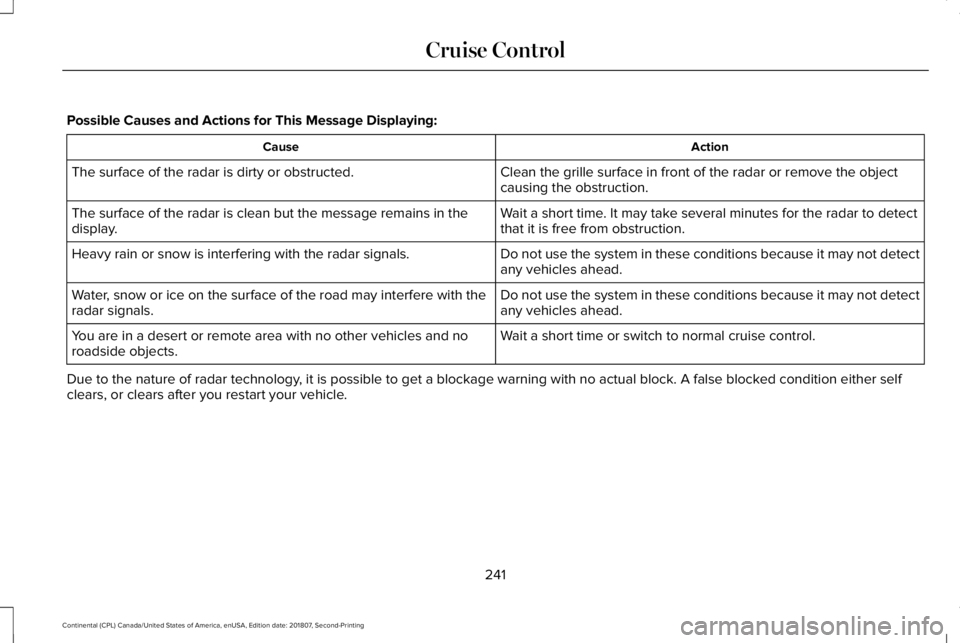 LINCOLN CONTINENTAL 2019  Owners Manual Possible Causes and Actions for This Message Displaying:
Action
Cause
Clean the grille surface in front of the radar or remove the object
causing the obstruction.
The surface of the radar is dirty or 