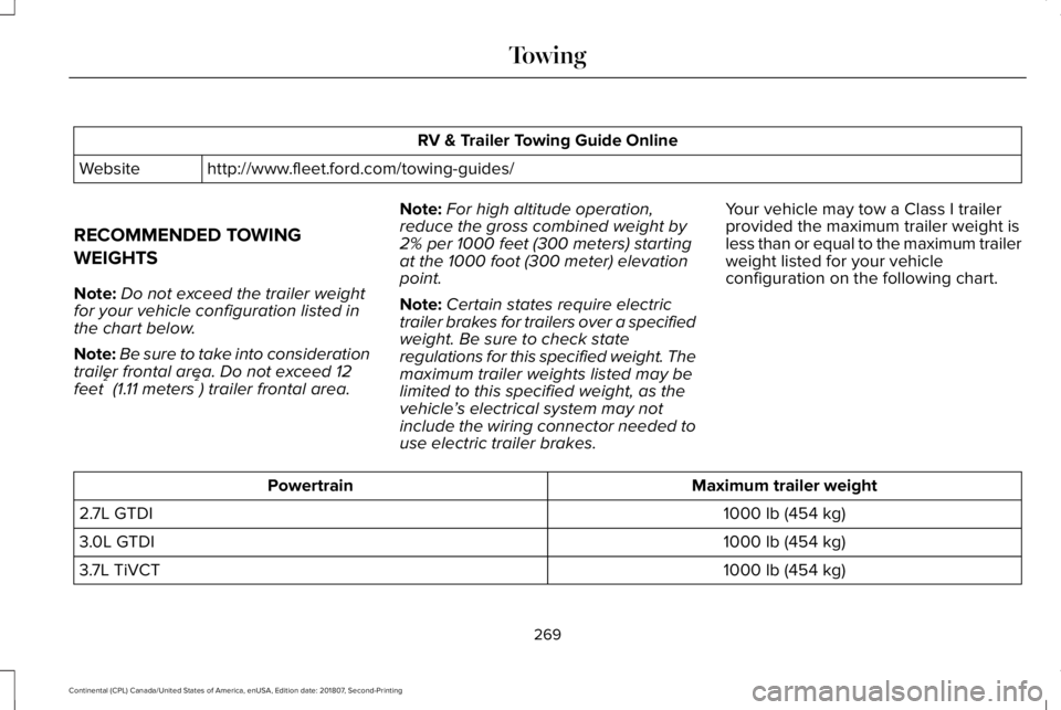 LINCOLN CONTINENTAL 2019  Owners Manual RV & Trailer Towing Guide Online
http://www.fleet.ford.com/towing-guides/
Website
RECOMMENDED TOWING
WEIGHTS
Note: Do not exceed the trailer weight
for your vehicle configuration listed in
the chart b