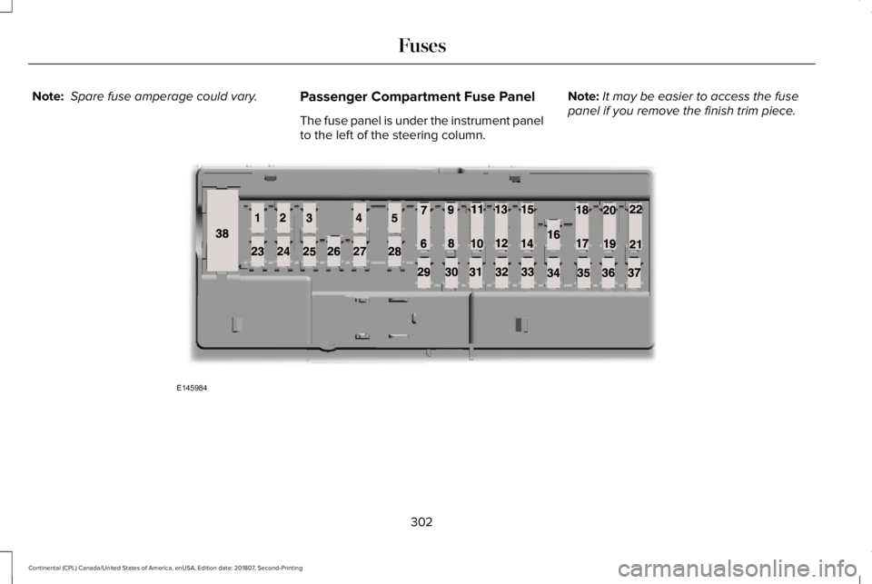 LINCOLN CONTINENTAL 2019  Owners Manual Note:
 Spare fuse amperage could vary.
Passenger Compartment Fuse Panel
The fuse panel is under the instrument panel
to the left of the steering column. Note:
It may be easier to access the fuse
panel