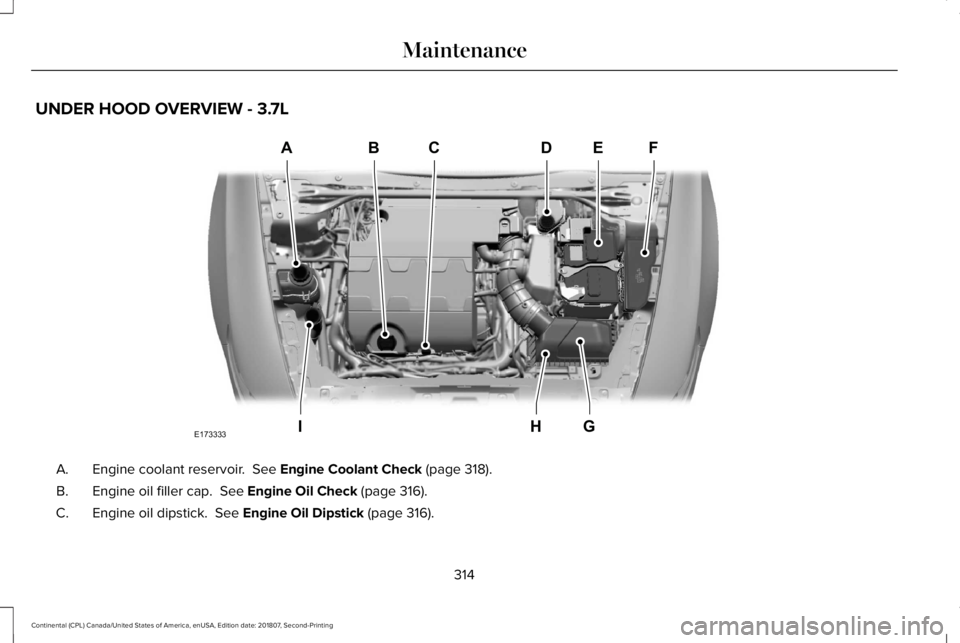 LINCOLN CONTINENTAL 2019 Owners Manual UNDER HOOD OVERVIEW - 3.7L
Engine coolant reservoir. See Engine Coolant Check (page 318).
A.
Engine oil filler cap.
See Engine Oil Check (page 316).
B.
Engine oil dipstick.
See Engine Oil Dipstic LINCOLN CONTINENTAL 2019 Owners Manual UNDER HOOD OVERVIEW - 3.7L
Engine coolant reservoir. See Engine Coolant Check (page 318).
A.
Engine oil filler cap.
See Engine Oil Check (page 316).
B.
Engine oil dipstick.
See Engine Oil Dipstic